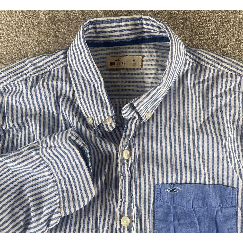 Hollister Blue/White Striped Patch Work Shirt Mens M Cotton Preppy Work Causal